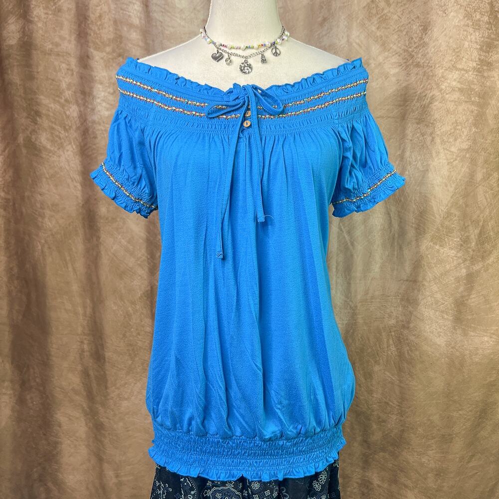 Y2K Off the Shoulder Top Blue Multicolor Embroidered Ruffled Trim Bow Tie Summer